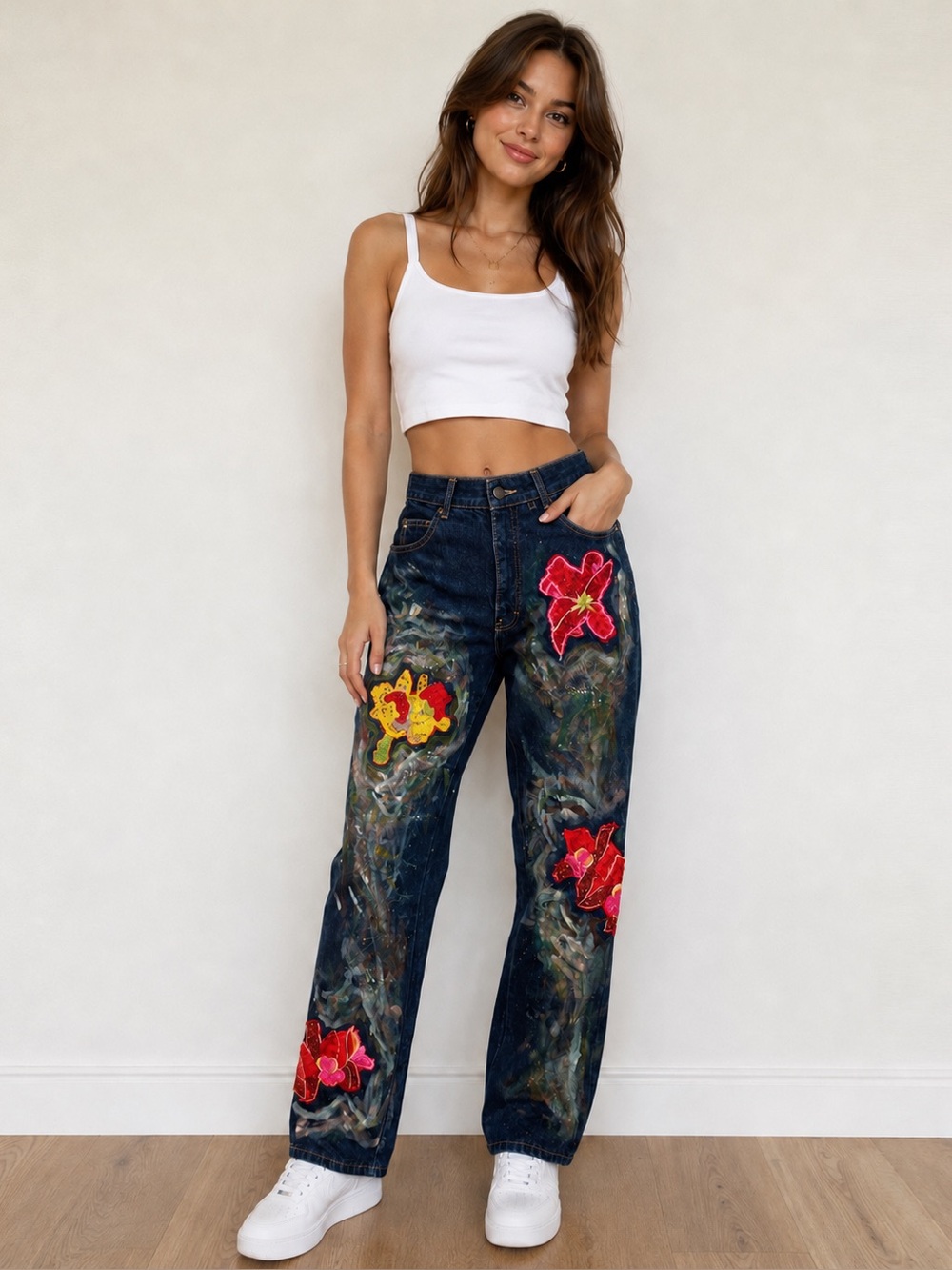 Calvin Klein Custom Reworked Vintage Festival Jeans Floral Paint Splatter Sz 24
